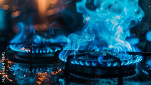 An industrial resource and economics notion is shown in this close-up of a blue fire blazing on the stovetop of a residential kitchen gas burner.