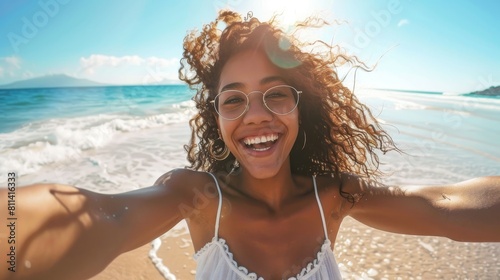 Happy Young Woman Selfie at Beach