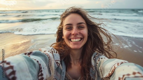 Happy Young Woman Selfie at Beach
