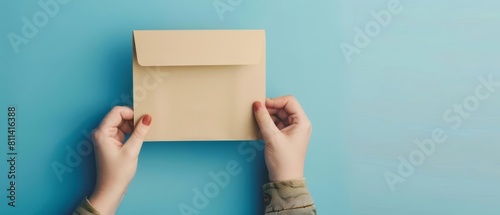Concept of freedom and democracy depicted as voter holds envelope above vote ballot on blue background