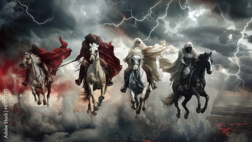 Apocalyptic quartet: 4 horsemen of the apocalypse - the mythical figures symbolizing conquest, war, famine, and death, heralding cataclysmic events.