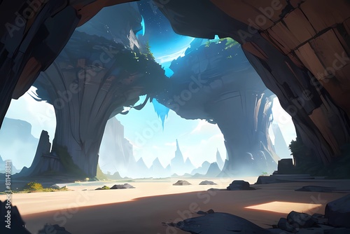ゲーム背景旅の冒険者が見る崖岩に囲まれた砂漠の荒野と迷宮入口風景