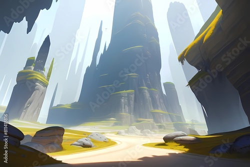 ゲーム背景旅の冒険者が見る崖岩に囲まれた砂漠の荒野と迷宮入口風景