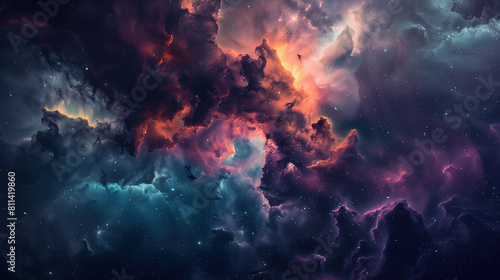 A colorful space scene with a purple cloud in the middle