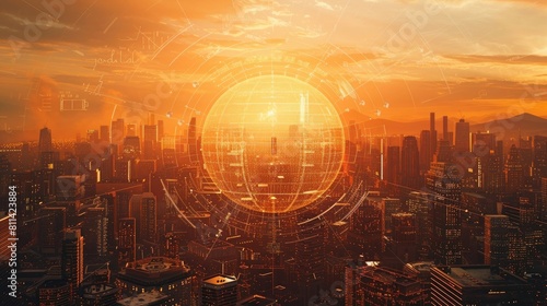 3D rendering of digital earth hologram glowing in the center with orange light over cityscape at sunset, cyber technology concept. wide angle lens natural lighting