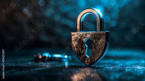 Close-up of a metallic padlock on a dark surface with a blurred blue bokeh background, symbolizing security and protection.