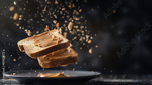toast with peanut butter being spread in a dark background
