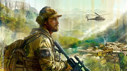 Soldier Overlooking Remote Village with Helicopter Above