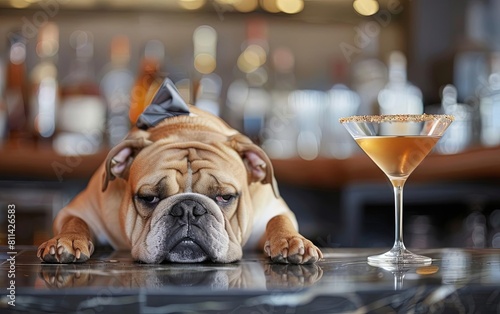 A goofy bulldog in a bow tie, slumped over a bar counter with a halffinished martini in front of him