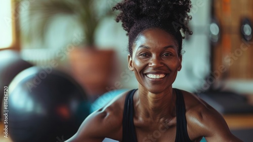 Happy active black African American mature woman smiling and doing fitness pilates and meditation at her home gym