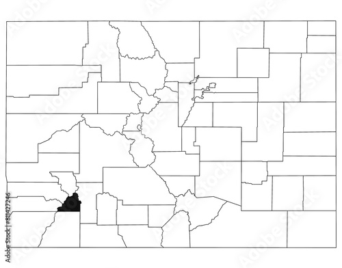 Map of San Juan County in Colorado state on white background. single County map highlighted by black colour on Colorado map. UNITED STATES, US