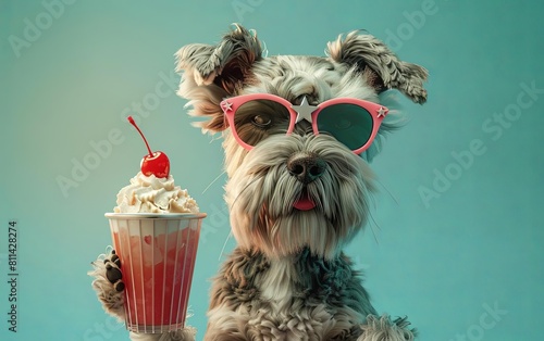 A schnauzer wearing starshaped sunglasses, holding a pina colada with whipped cream and a cherry on top