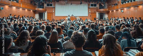 A university lecture hall packed with students taking notes as the professor gives a multimedia presentation