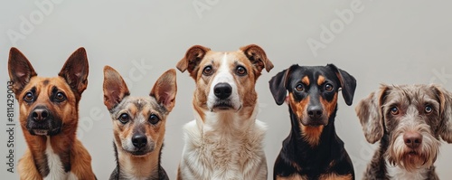 A variety of dogs, including a German shepherd, a corgi, a dalmatian, and a schnauzer, looking up curiously