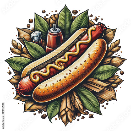 Illustration of classic hotdog emblem surrounded by leaves and sauces, isolated (cut-out) background