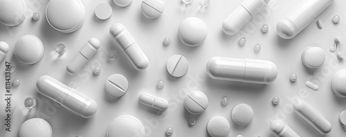 Pharmaceutical advancements flat design top view drug innovation theme 3D render black and white