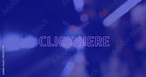 Image of click here neon text banner against train arriving at a station