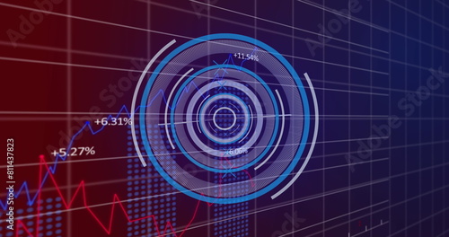 Image of neon round scanner and statistical data processing against purple gradient background