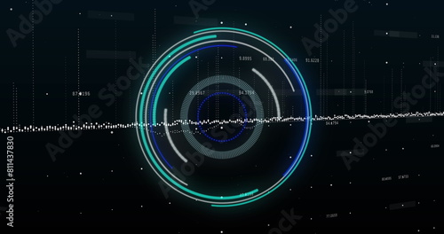 Image of neon round scanner and data processing against black background