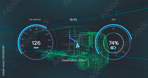 Image of electric car icons and data processing over 3d car drawing