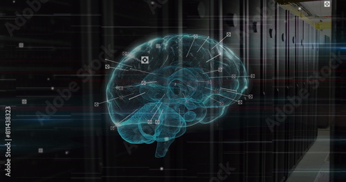 Image of viewfinders around illuminated digital human brain over server room