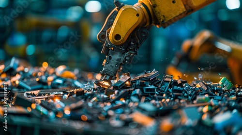 Brightly lit close-up of a robot worker dismantling e-waste at a recycling plant, emphasizing the concept of sorting and sustainability