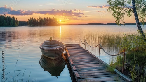 Wooden pier with fishing boat at sunset on a lake in rural Finland