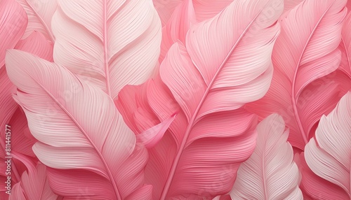 Abstract feminine pink banana leaves cartoon for ocean vacation panorama. White, pink tropical leaves 3d effect wall texture