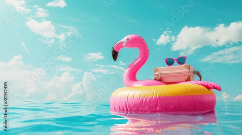 pink flamingo lifebuoy floats on beach on summer time vacation 