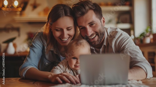 Family Bonding through Technology: Parents with Infant Child on Video Call, Wide Shot of Genuine Smiles and Happiness at Home