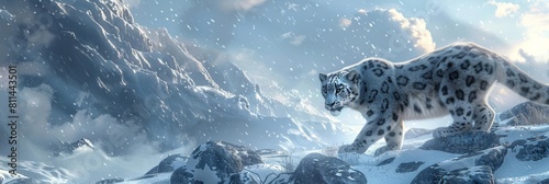 a 3d render of snow leopards struggling to survive in the harsh Himalayan terrain