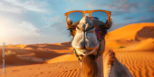 Adorable Camel with Stylish Glasses in Desert Close-up, Funny Camel with Glasses