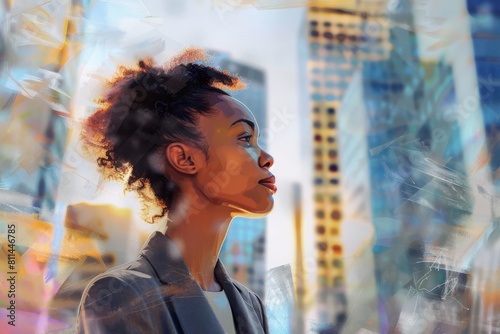 confident and successful black businesswoman standing in modern city contemplating new opportunities digital painting