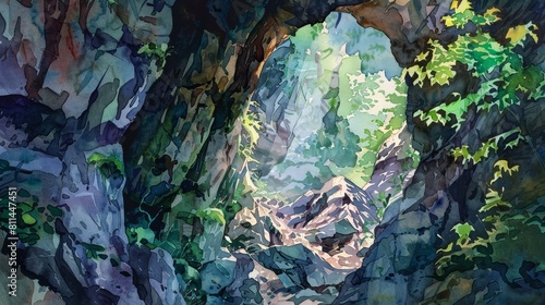 Atmospheric watercolor of a narrow cave opening surrounded by jagged rock formations, vibrant greenery spilling over the edge