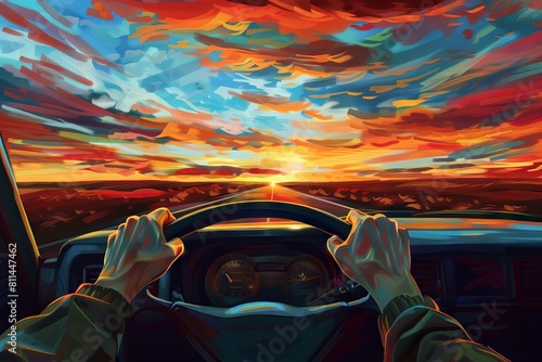 elevated perspective of drivers hands on steering wheel cruising on open highway at sunset digital painting