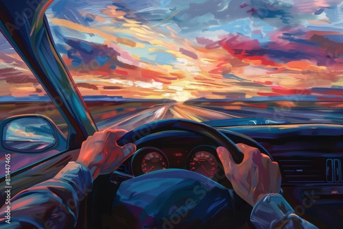 elevated perspective of drivers hands on steering wheel cruising on open highway at sunset digital painting