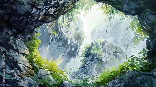 Atmospheric watercolor of a narrow cave opening surrounded by jagged rock formations, vibrant greenery spilling over the edge