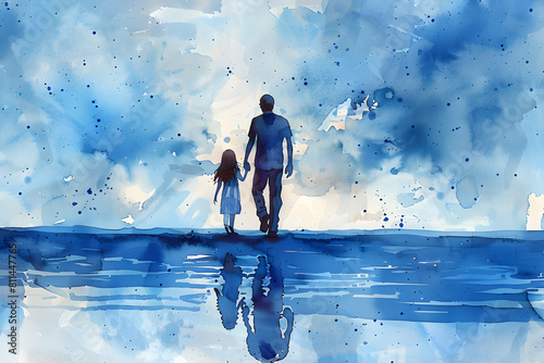 A watercolour illustration of a father and daughter walking hand in hand, depicting a strong bond between the two. It can be used for family-related content or parenting materials.