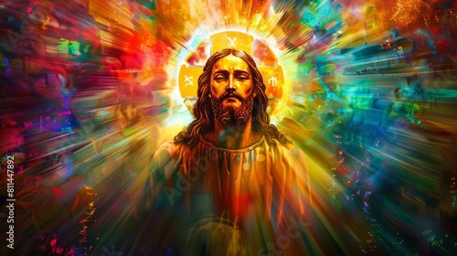 Abstract background with vibrant hues surrounding a central depiction of Jesus