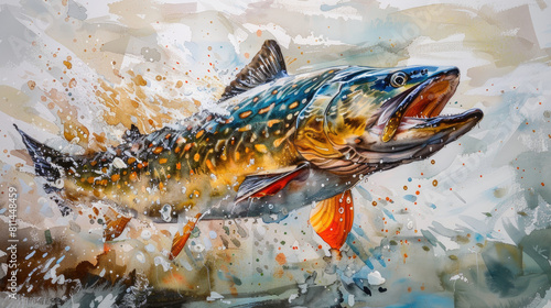 Vibrant a Pike fish painting with water splash perfect for aquaticthemed designs like posters, brochures, and merchandise for marine enthusiasts.