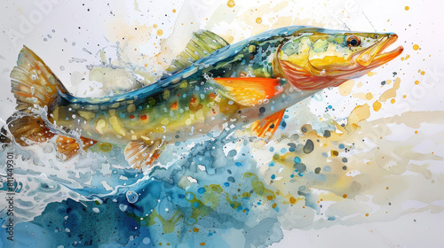 Vibrant a Pike fish painting with water splash perfect for aquaticthemed designs like posters, brochures, and merchandise for marine enthusiasts.