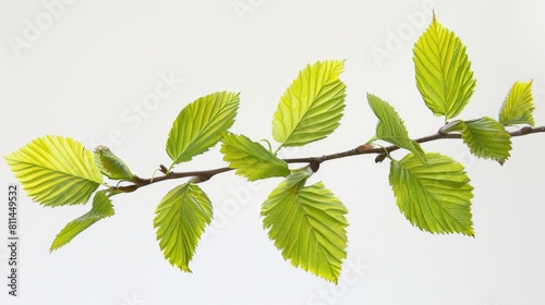 New green leaves from an elm tree set against a white background Tiny branch