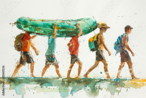 Green watercolor paint of people teamwork carrying inflatable boat