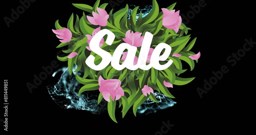 Image of white sale text over purple flower bouquet and illuminated abstract pattern