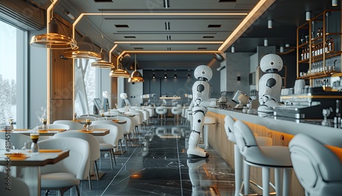Step into the future with a robot-themed modern café in loft style, blending innovation and coziness seamlessly. 🤖☕🏙️