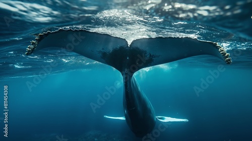 Captivating close-up of a majestic whale's raised dorsal fin in the wild ocean. Perfect for wildlife enthusiasts, nature lovers, and stunning wallpaper backgrounds.