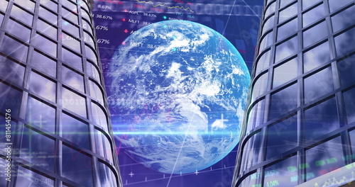A glowing digital globe displaying between skyscrapers, numbers floating around