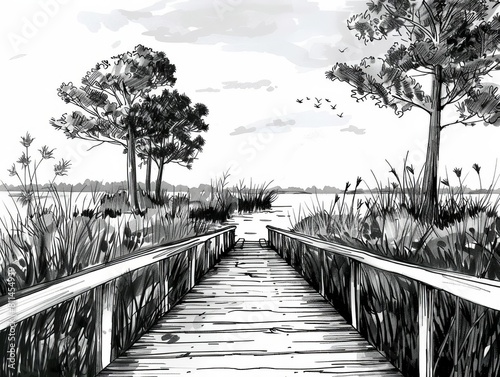 Habitat wetlands boardwalk flat design front view ecological tourism theme water color black and white