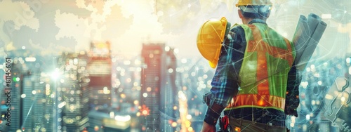 Construction worker in a safety vest holding a yellow helmet and blueprints, with a city background featuring a double exposure of a digital network and gears.