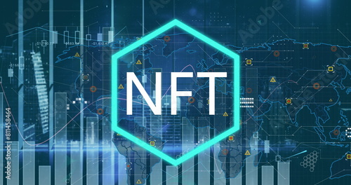 Image of nft symbol over graph and data processing over world map on blue background